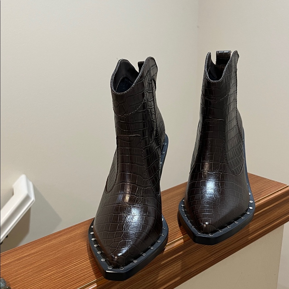 Rebecca Minkoff Croc-Embossed Chocolate Boots.